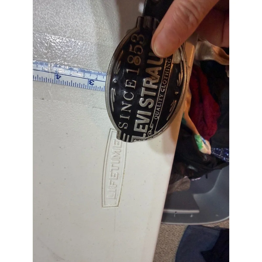 Levi Strauss Belt Mens Medium Black Leather Large Trophy Buckle Western Vintage